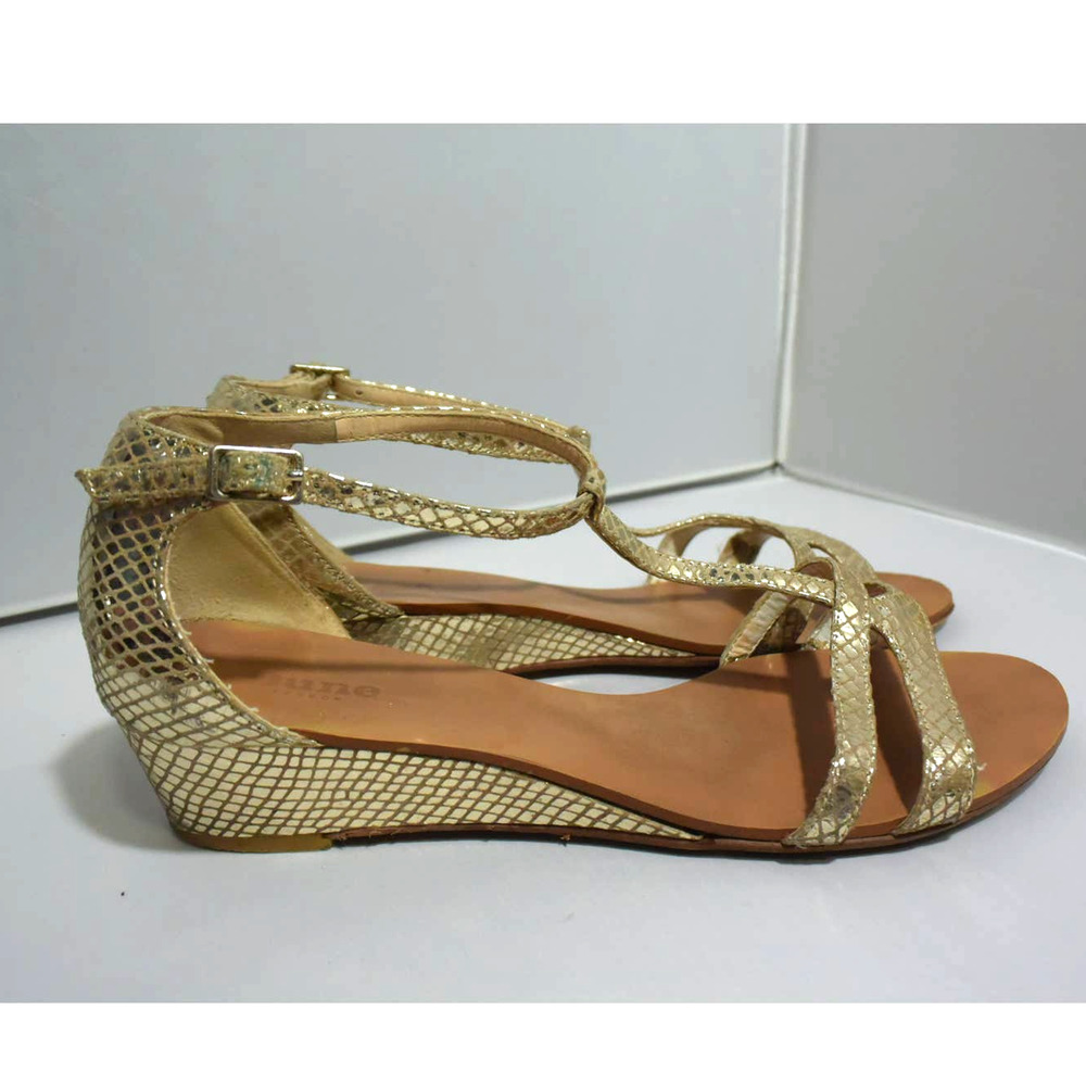 Dune London Womens Gold Metallic Wedge Heel Leather Sandals Size 37
